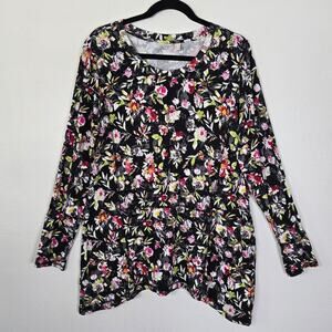LOGO Lori Goldstein Printed Rayon 230 Top Women's L Black Floral Contrast Stitch